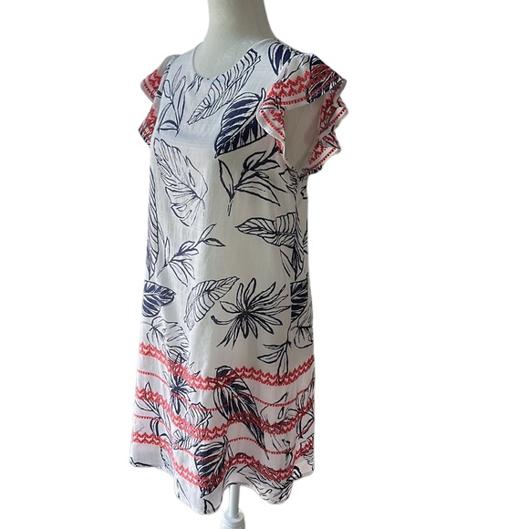 T H M L  white navy print shift dress contrasting embroidered flutter sleeves  M - Picture 7 of 10